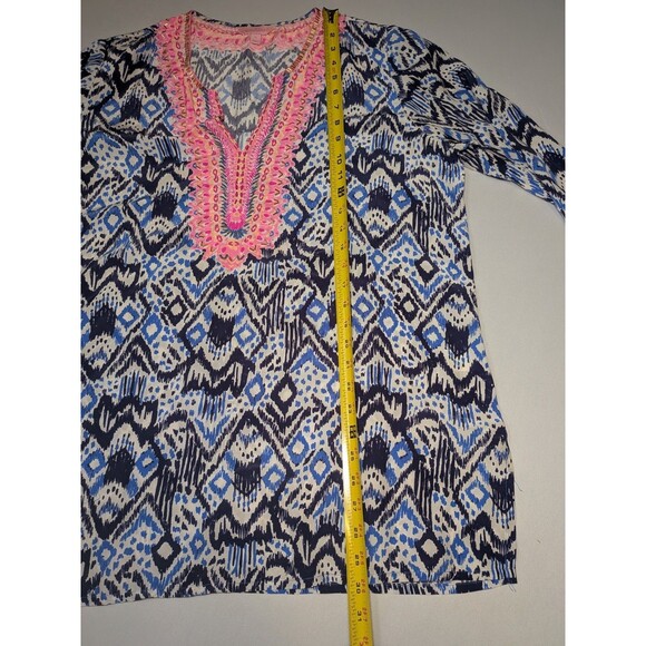 Lilly Pulitzer XL100% Silk Blue Renato Tunic Top Shirt Beaded Neckline Embellish - Picture 11 of 14